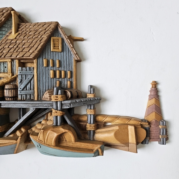 Pair of 1970's Burwood 3D Wall Hanging Seaside Vtg Set Fishing Wharf Boat Dock - Picture 4 of 16